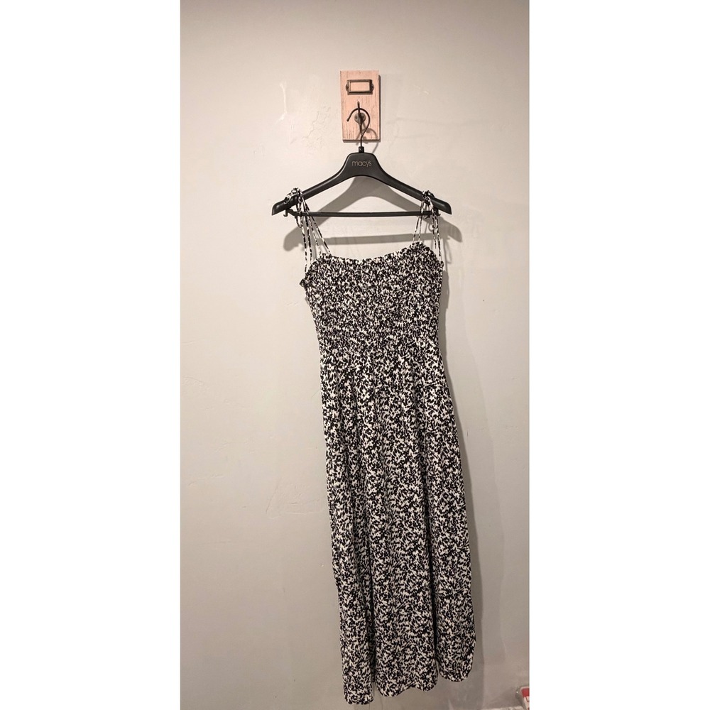 Madwell Smocked Midi Dress Black White Floral Tie Shoulder NU562 Womens 4